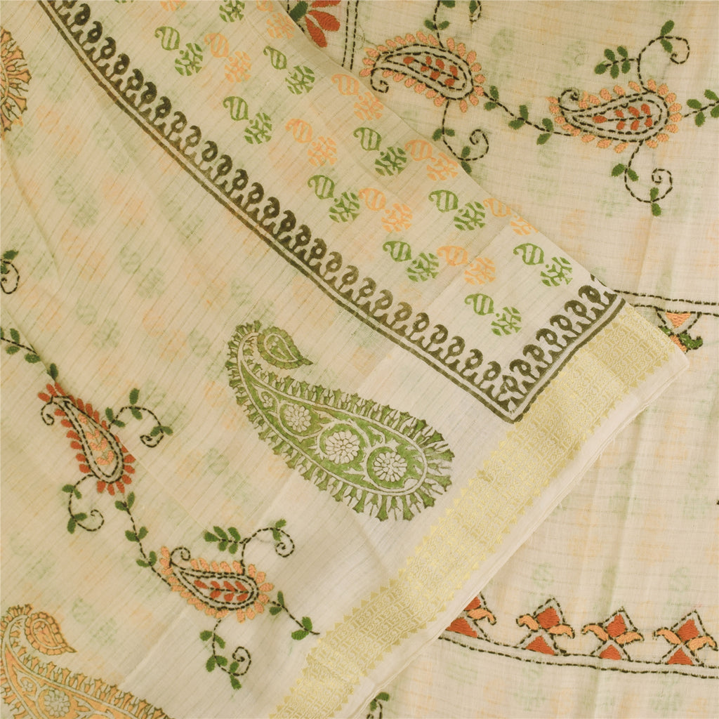 Sanskriti Vintage Sarees Hand Embroidered Kantha & Hand Block Pure Cotton SariFabric