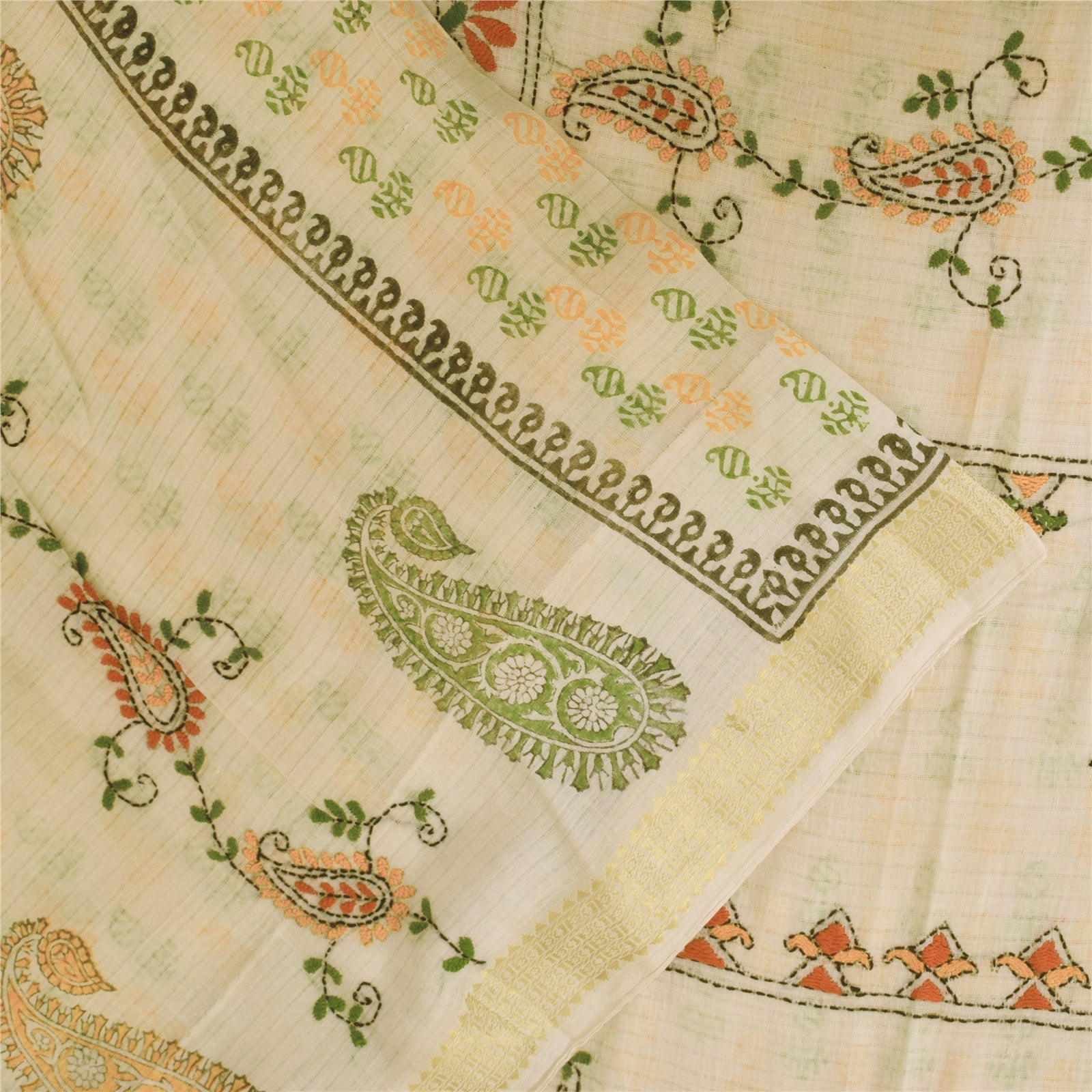 Sanskriti Vintage Sarees Hand Embroidered Kantha & Hand Block Pure Cotton SariFabric
