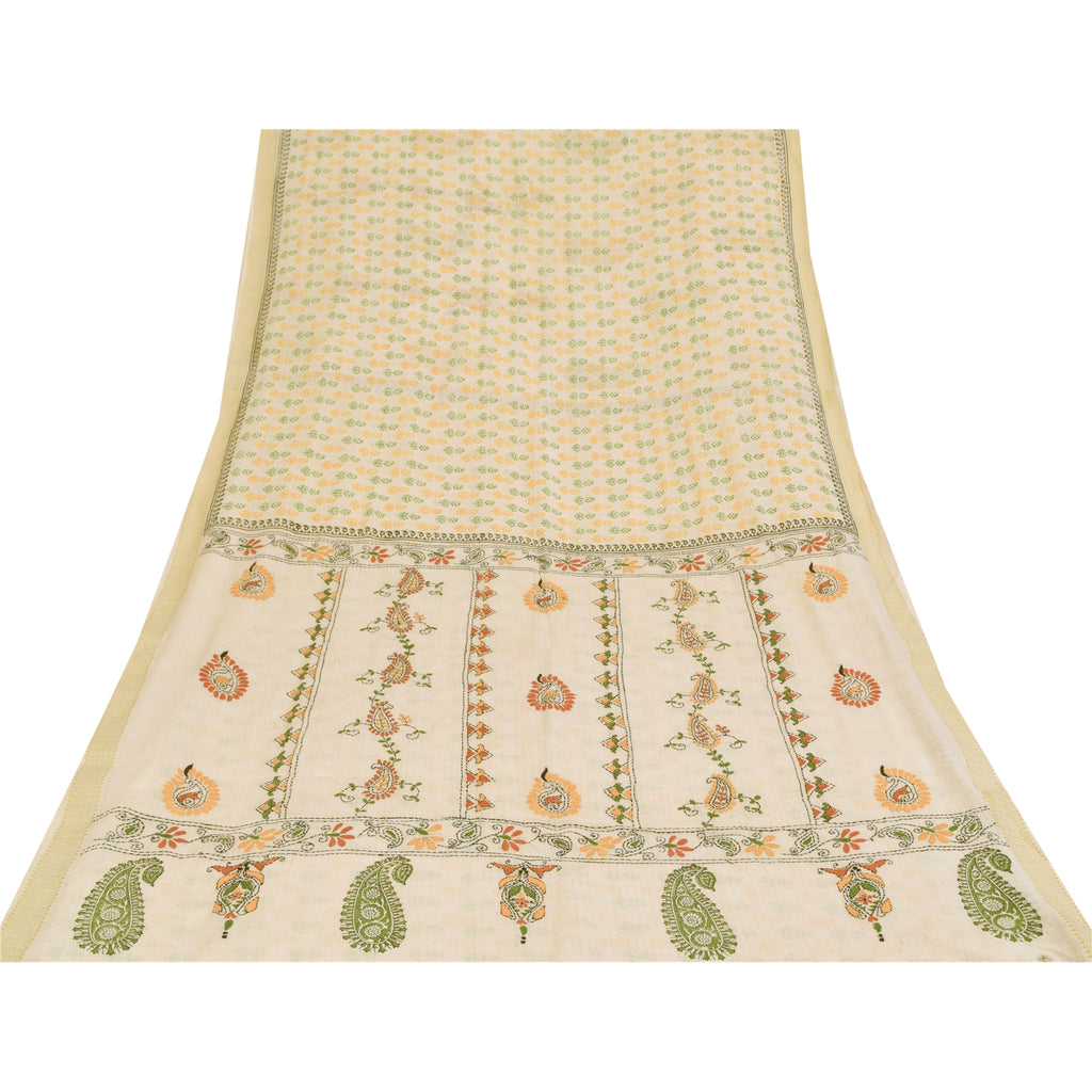 Sanskriti Vintage Sarees Hand Embroidered Kantha & Hand Block Pure Cotton SariFabric