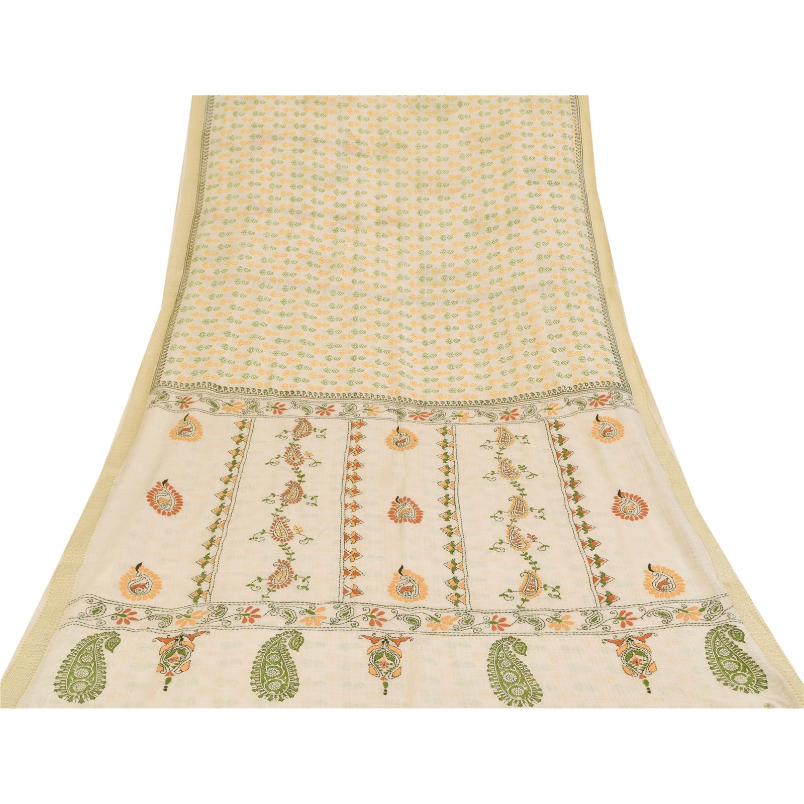 Sanskriti Vintage Sarees Hand Embroidered Kantha & Hand Block Pure Cotton SariFabric