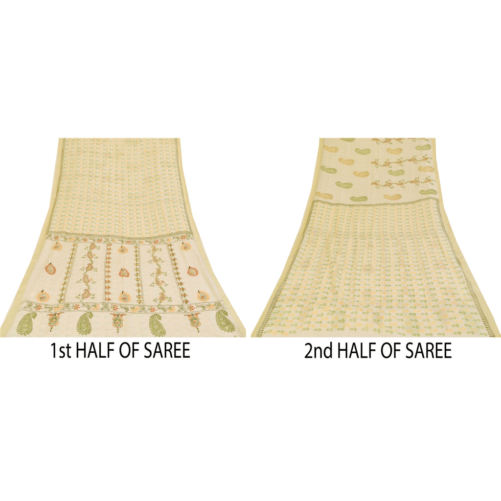 Sanskriti Vintage Sarees Hand Embroidered Kantha & Hand Block Pure Cotton SariFabric