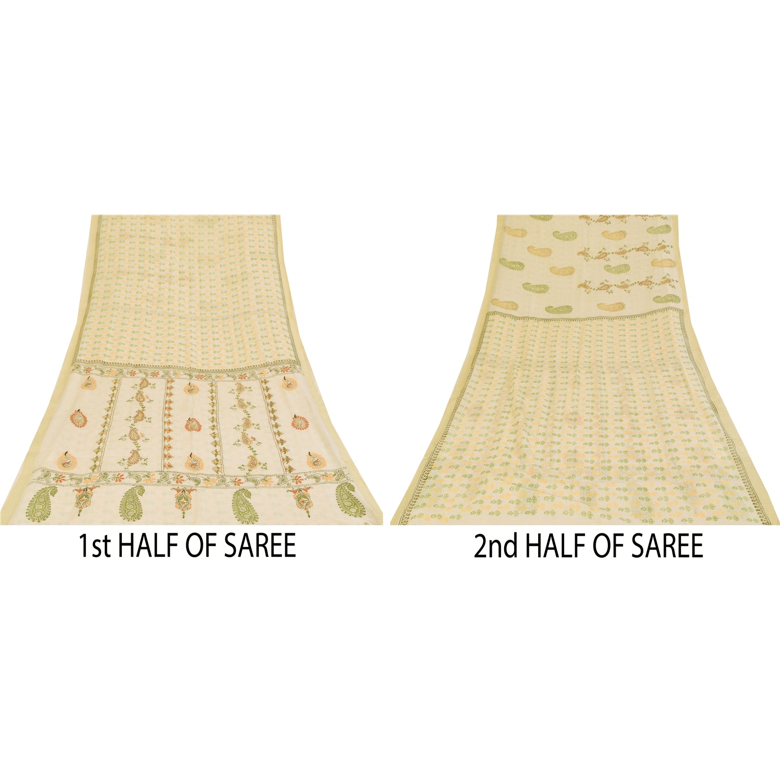 Sanskriti Vintage Sarees Hand Embroidered Kantha & Hand Block Pure Cotton SariFabric