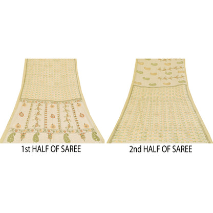 Санскритские винтажные сари, вышитые вручную и вручную блокированные, ткань для сари из чистого хлопка, устойчивая ткань