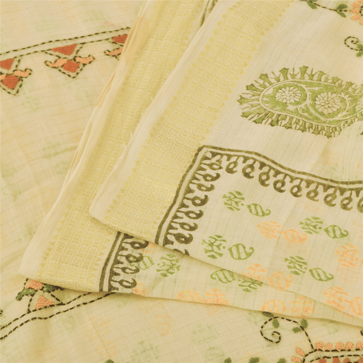 Санскритские винтажные сари, вышитые вручную и вручную блокированные, ткань для сари из чистого хлопка, устойчивая ткань