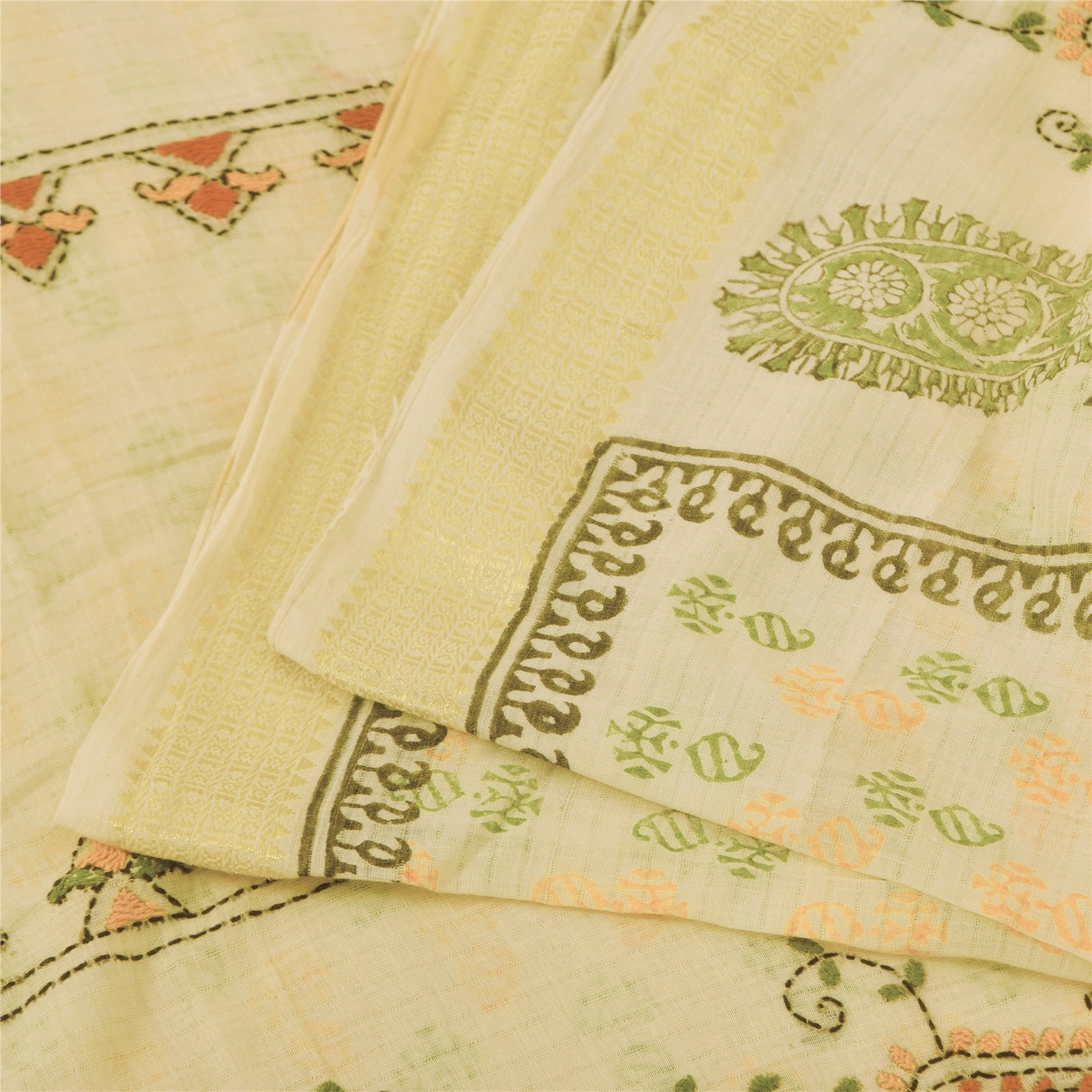 Sanskriti Vintage Sarees Hand Embroidered Kantha & Hand Block Pure Cotton SariFabric