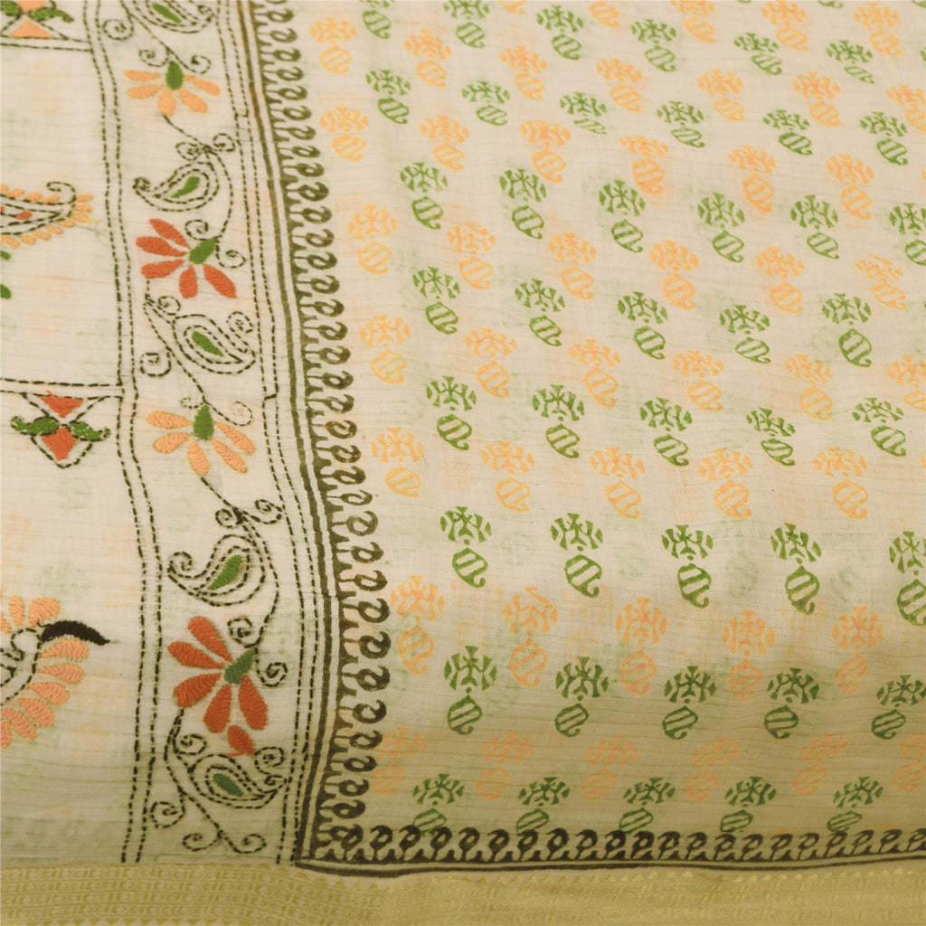 Sanskriti Vintage Sarees Hand Embroidered Kantha & Hand Block Pure Cotton SariFabric