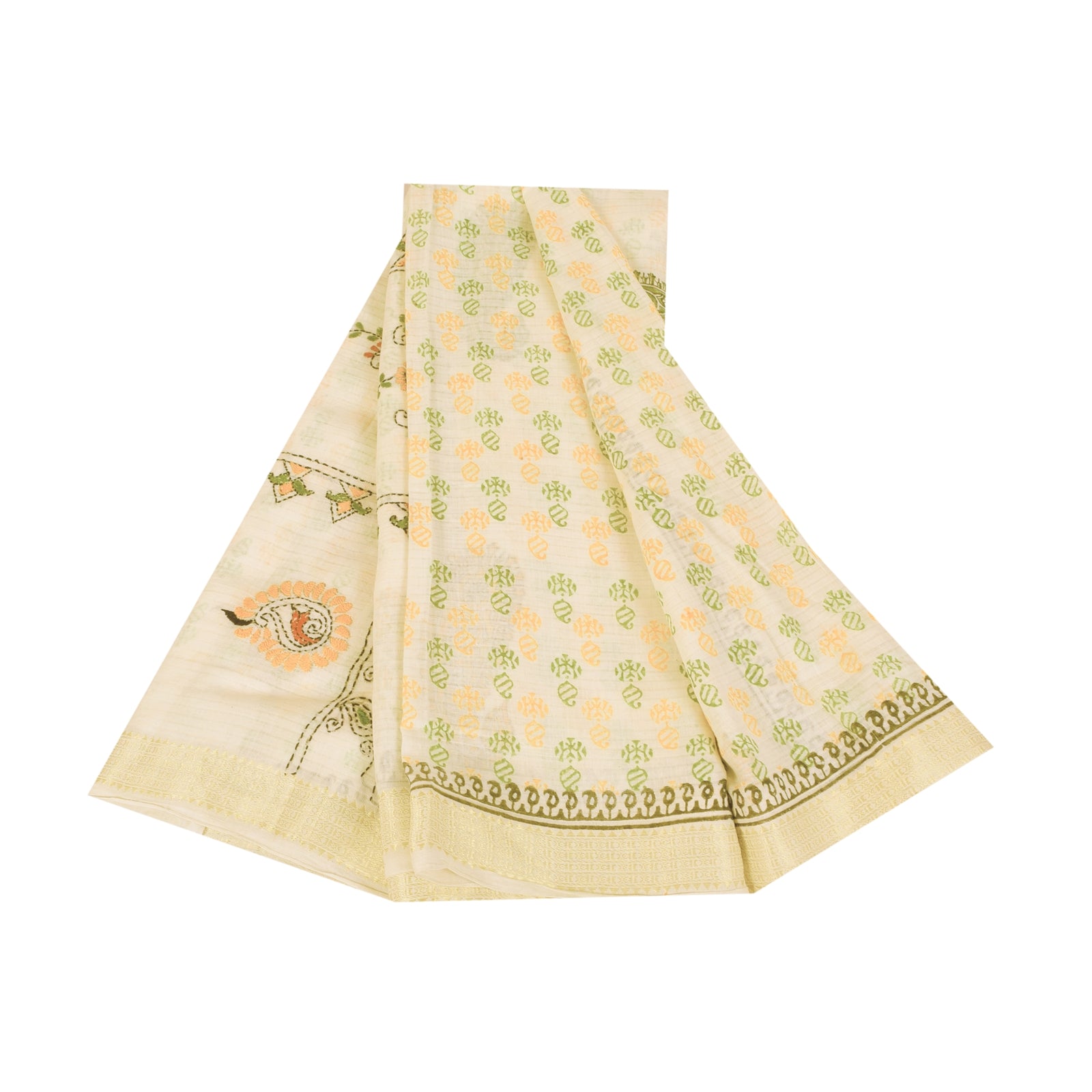 Sanskriti Vintage Sarees Hand Embroidered Kantha & Hand Block Pure Cotton SariFabric