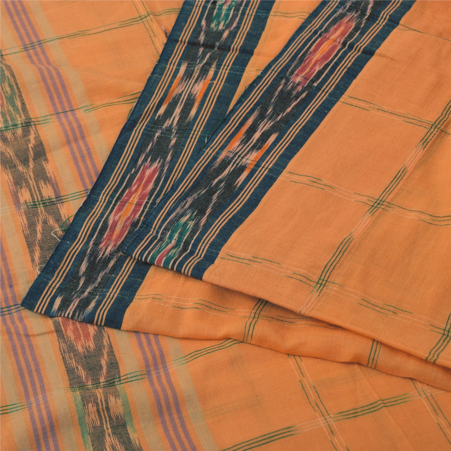 Sanskriti Vintage Sarees Orange Pure Cotton Ikat Hand Woven Sari Craft Sustainable Fabric