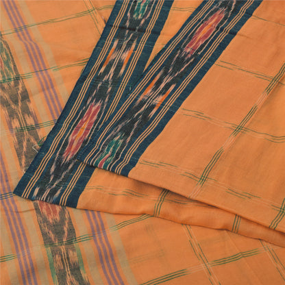 Sanskriti Vintage Sarees Orange Pure Cotton Ikat Hand Woven Sari Craft Sustainable Fabric