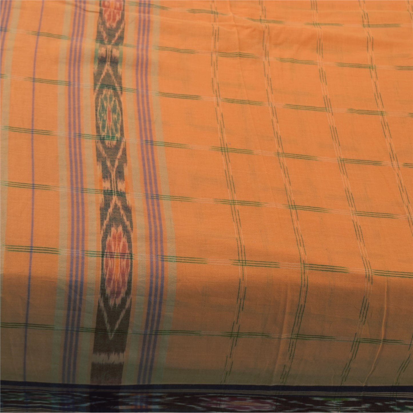 Sanskriti Vintage Sarees Orange Pure Cotton Ikat Hand Woven Sari Craft Sustainable Fabric