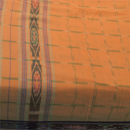 Sanskriti Vintage Sarees Orange Pure Cotton Ikat Hand Woven Sari Craft Sustainable Fabric