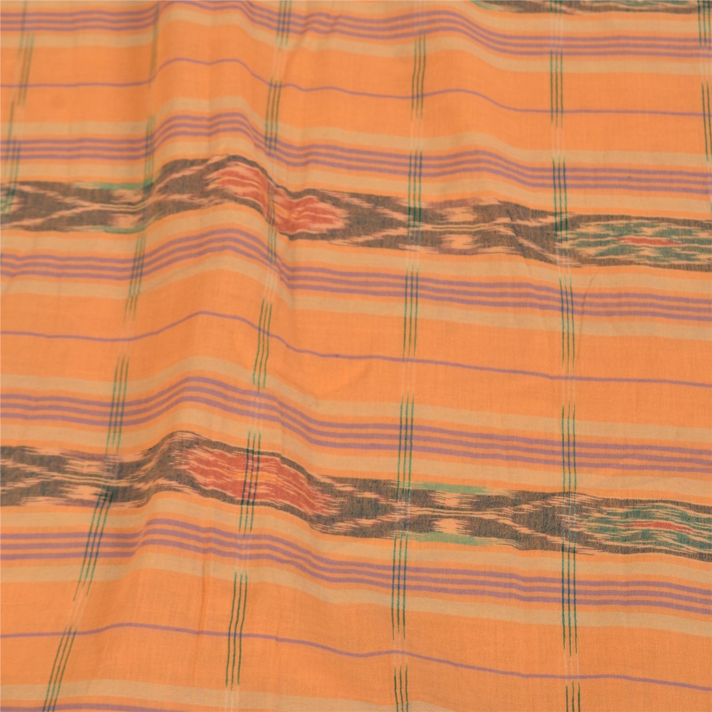 Sanskriti Vintage Sarees Orange Pure Cotton Ikat Hand Woven Sari Craft Sustainable Fabric