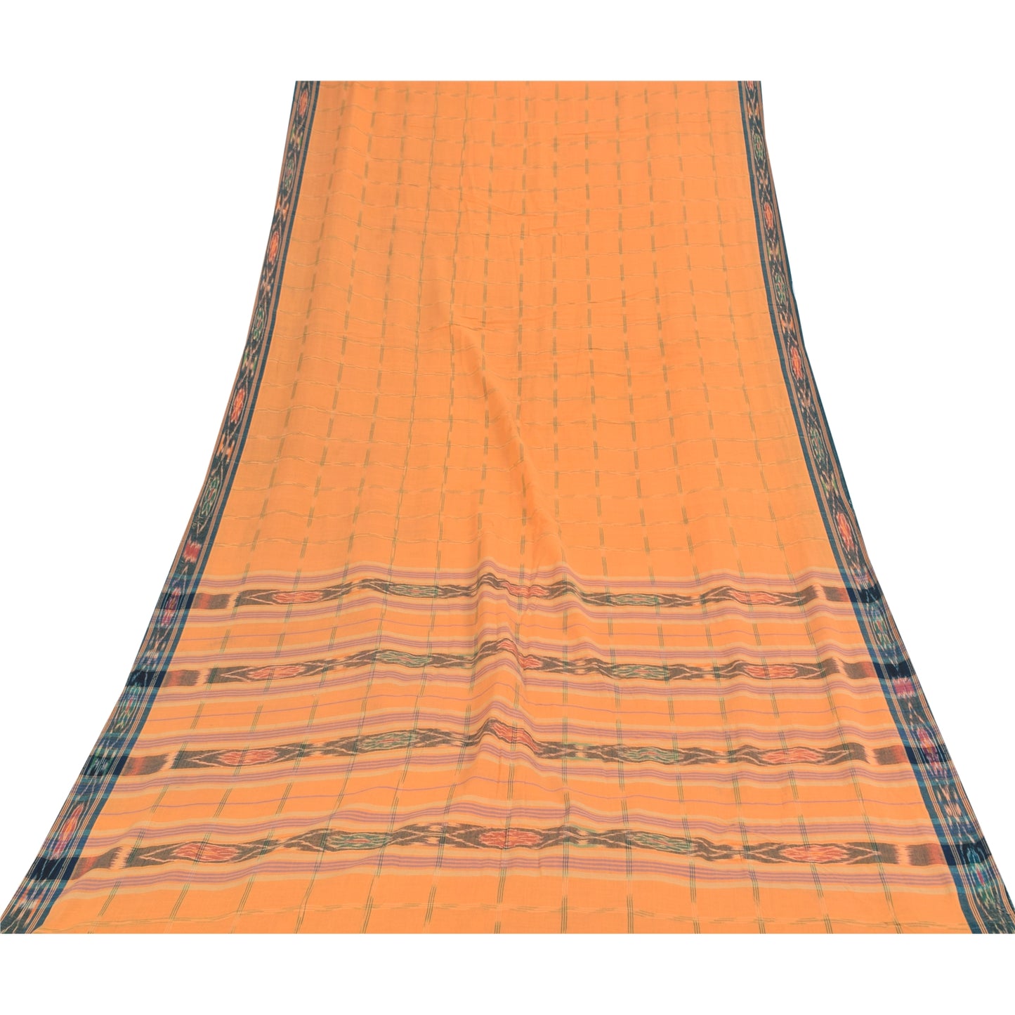 Sanskriti Vintage Sarees Orange Pure Cotton Ikat Hand Woven Sari Craft Sustainable Fabric