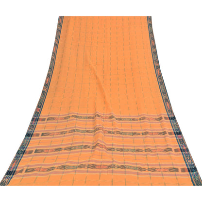 Sanskriti Vintage Sarees Orange Pure Cotton Ikat Hand Woven Sari Craft Sustainable Fabric