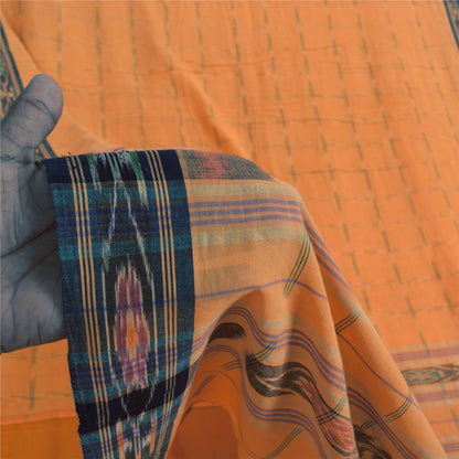 Sanskriti Vintage Sarees Orange Pure Cotton Ikat Hand Woven Sari Craft Sustainable Fabric