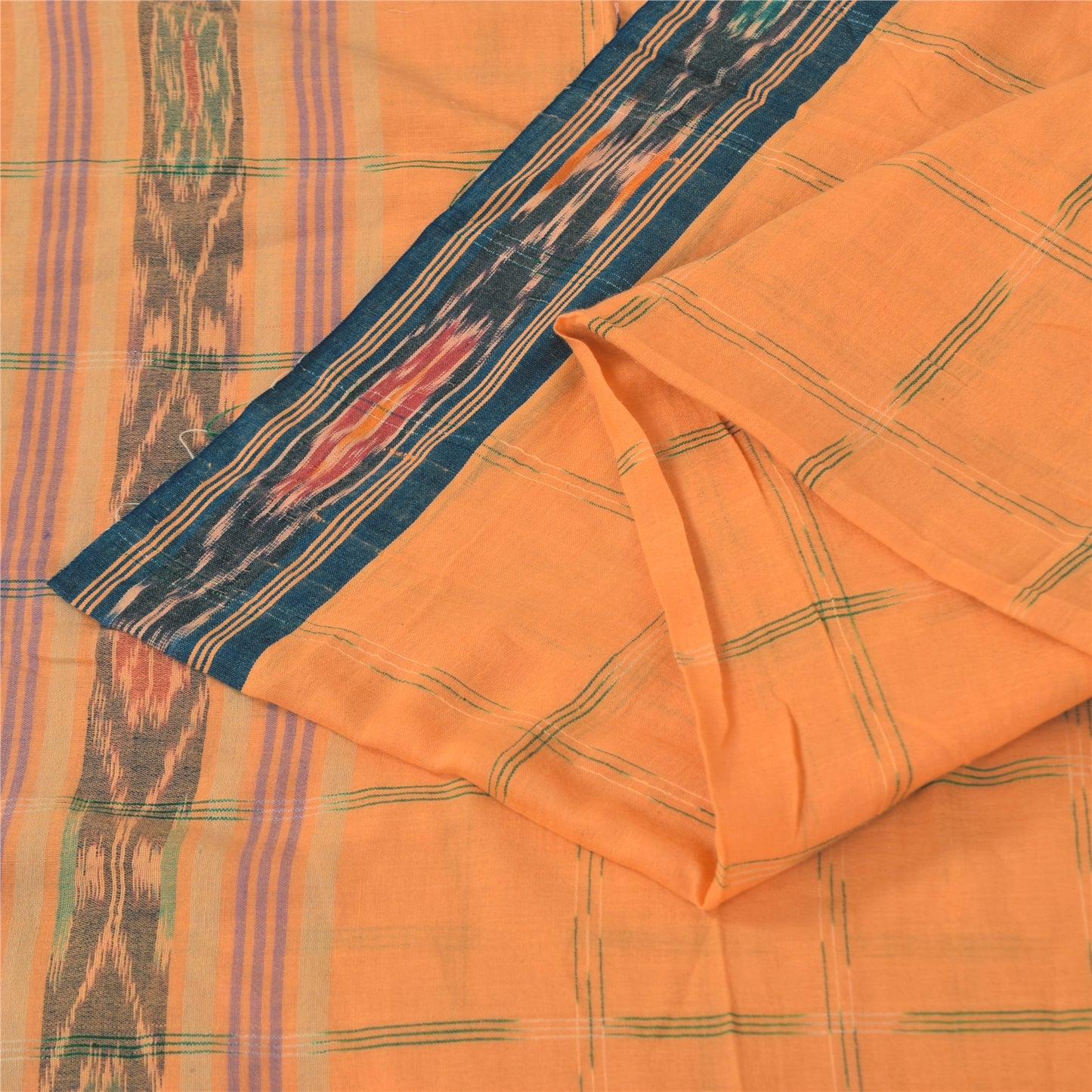 Sanskriti Vintage Sarees Orange Pure Cotton Ikat Hand Woven Sari Craft Sustainable Fabric