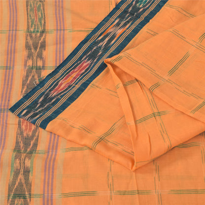 Sanskriti Vintage Sarees Orange Pure Cotton Ikat Hand Woven Sari Craft Sustainable Fabric