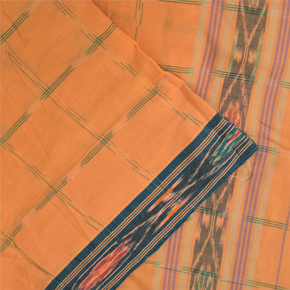 Sanskriti Vintage Sarees Orange Pure Cotton Ikat Hand Woven Sari Craft Sustainable Fabric