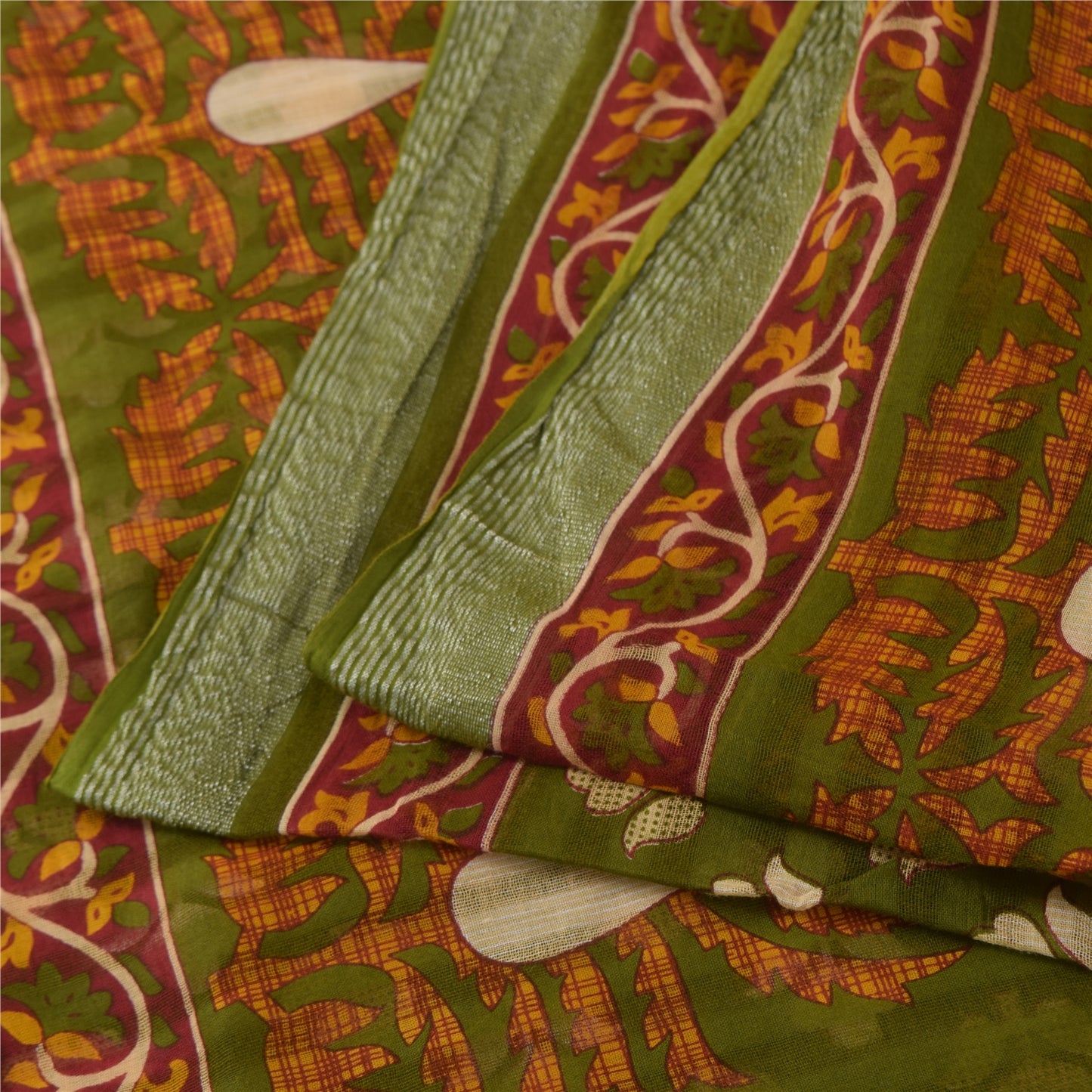 Sanskriti Vintage Sarees Green 100% Pure Cotton Printed Sari 5+yd Craft Sustainable Fabric