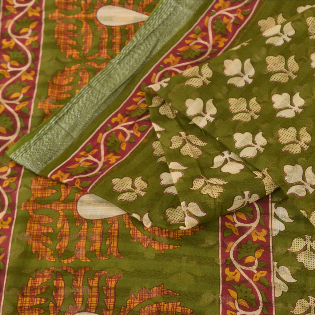 Sanskriti Vintage Sarees Green 100% Pure Cotton Printed Sari 5+yd Craft Sustainable Fabric