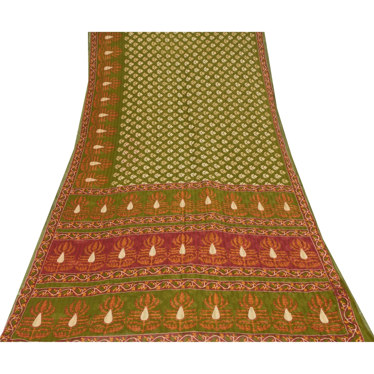 Sanskriti Vintage Sarees Green 100% Pure Cotton Printed Sari 5+yd Craft Sustainable Fabric