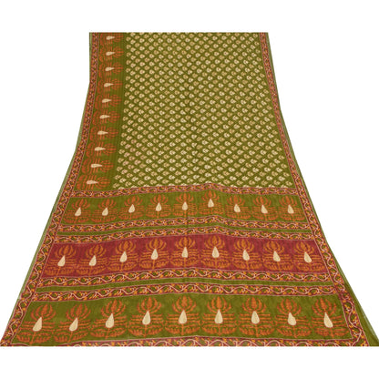 Sanskriti Vintage Sarees Green 100% Pure Cotton Printed Sari 5+yd Craft Sustainable Fabric