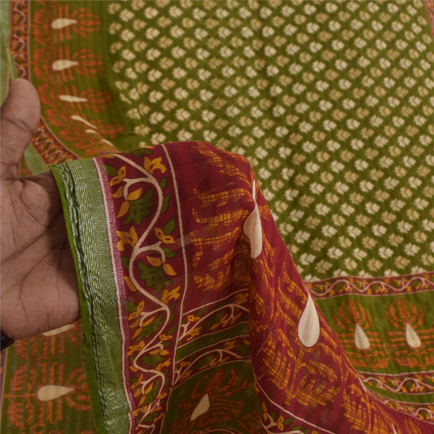 Sanskriti Vintage Sarees Green 100% Pure Cotton Printed Sari 5+yd Craft Sustainable Fabric