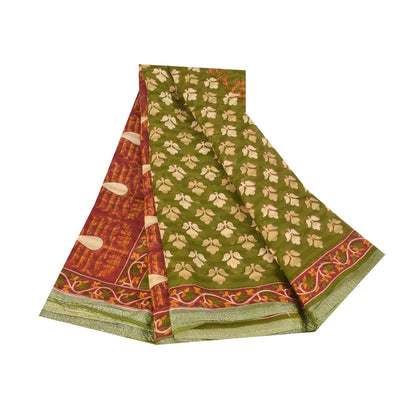 Sanskriti Vintage Sarees Green 100% Pure Cotton Printed Sari 5+yd Craft Sustainable Fabric