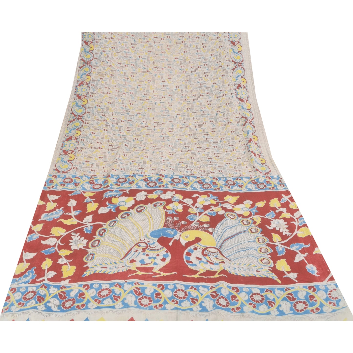 Sanskriti Vintage Sarees Handmade Kalamkari Pure Cotton Printed Sari 5+yd Sustainable Fabric