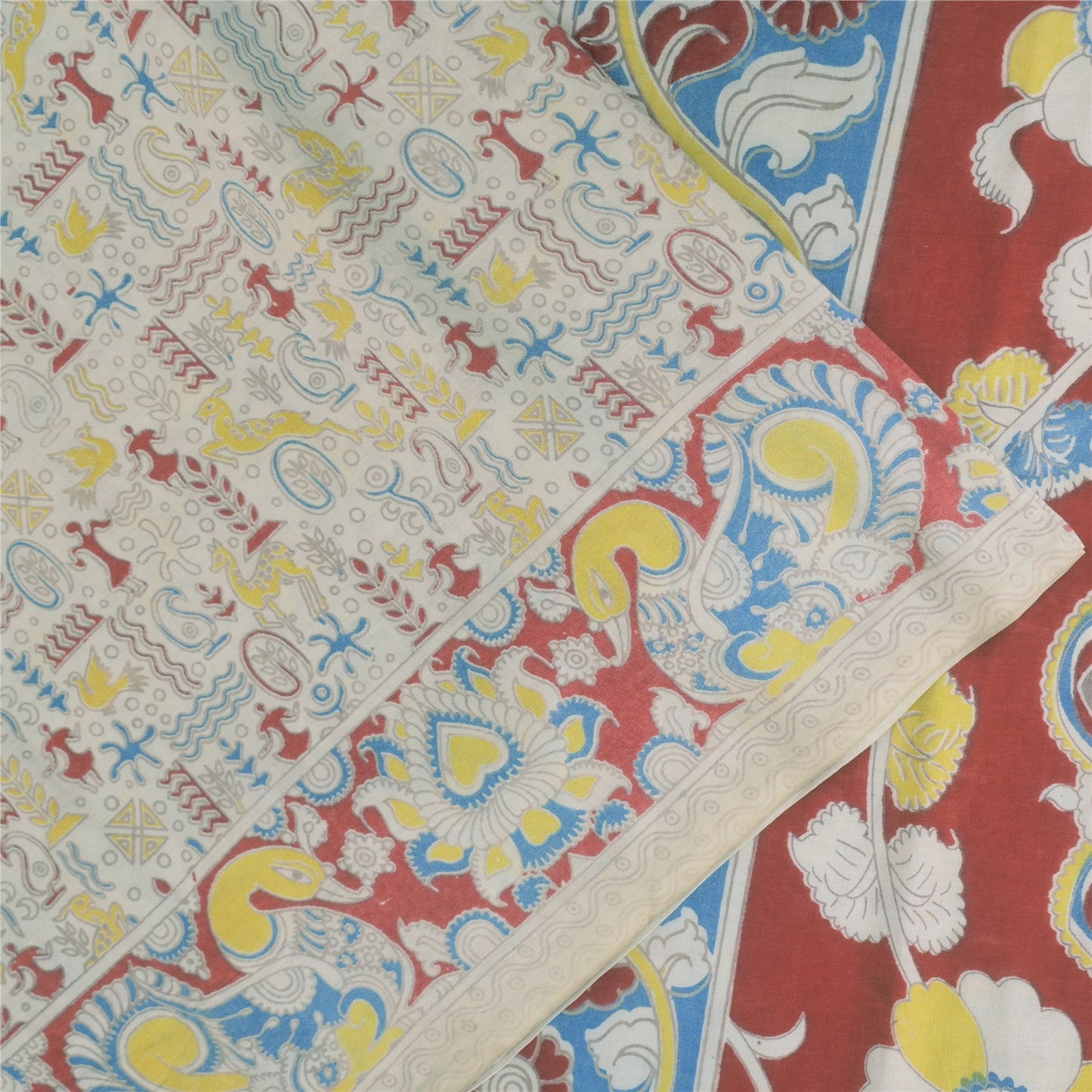 Sanskriti Vintage Sarees Handmade Kalamkari Pure Cotton Printed Sari 5+yd Sustainable Fabric
