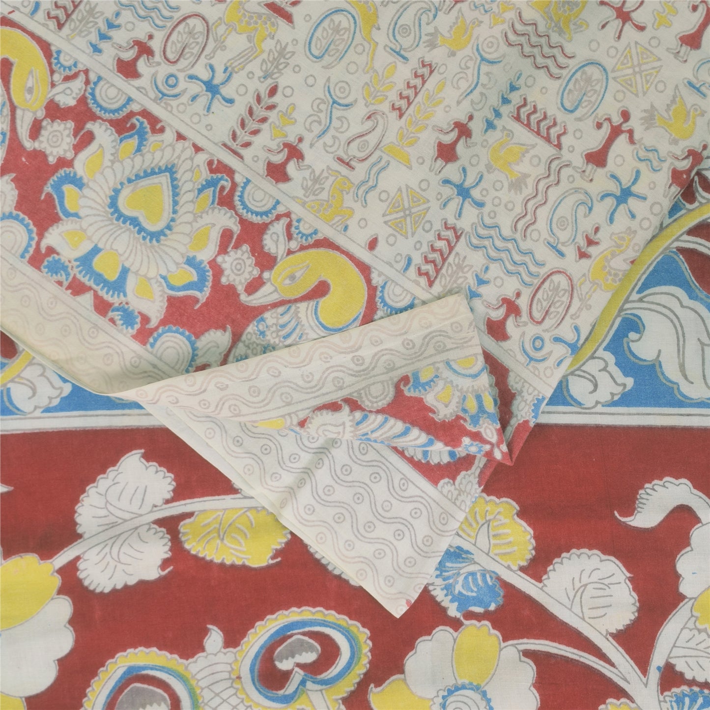 Sanskriti Vintage Sarees Handmade Kalamkari Pure Cotton Printed Sari 5+yd Sustainable Fabric