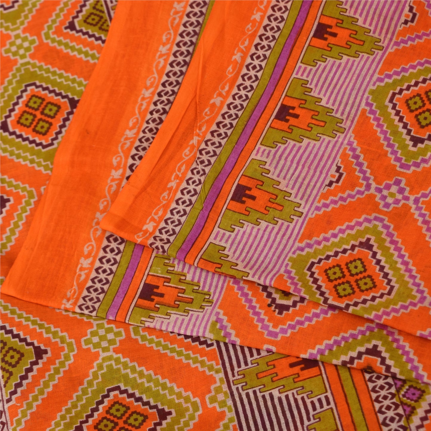 Sanskriti Vintage Sarees Orange 100% Pure Cotton Printed Sari 5+yd Craft Sustainable Fabric