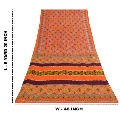 Sanskriti Vintage Sarees Orange 100% Pure Cotton Printed Sari 5+yd Craft Sustainable Fabric