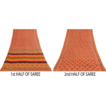Sanskriti Vintage Sarees Orange 100% Pure Cotton Printed Sari 5+yd Craft Sustainable Fabric
