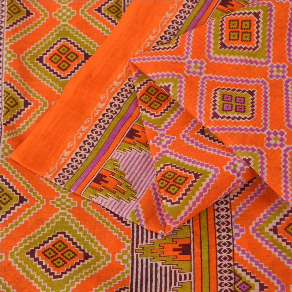 Sanskriti Vintage Sarees Orange 100% Pure Cotton Printed Sari 5+yd Craft Sustainable Fabric