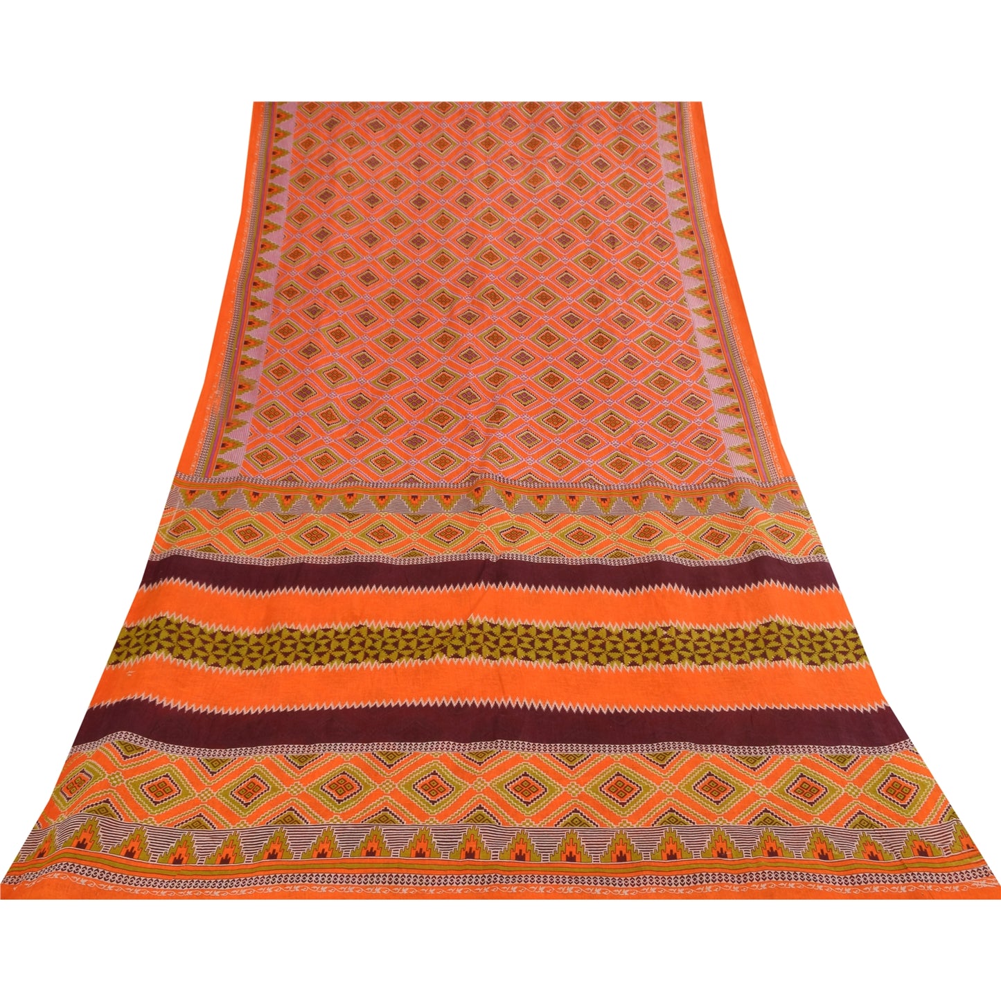 Sanskriti Vintage Sarees Orange 100% Pure Cotton Printed Sari 5+yd Craft Sustainable Fabric