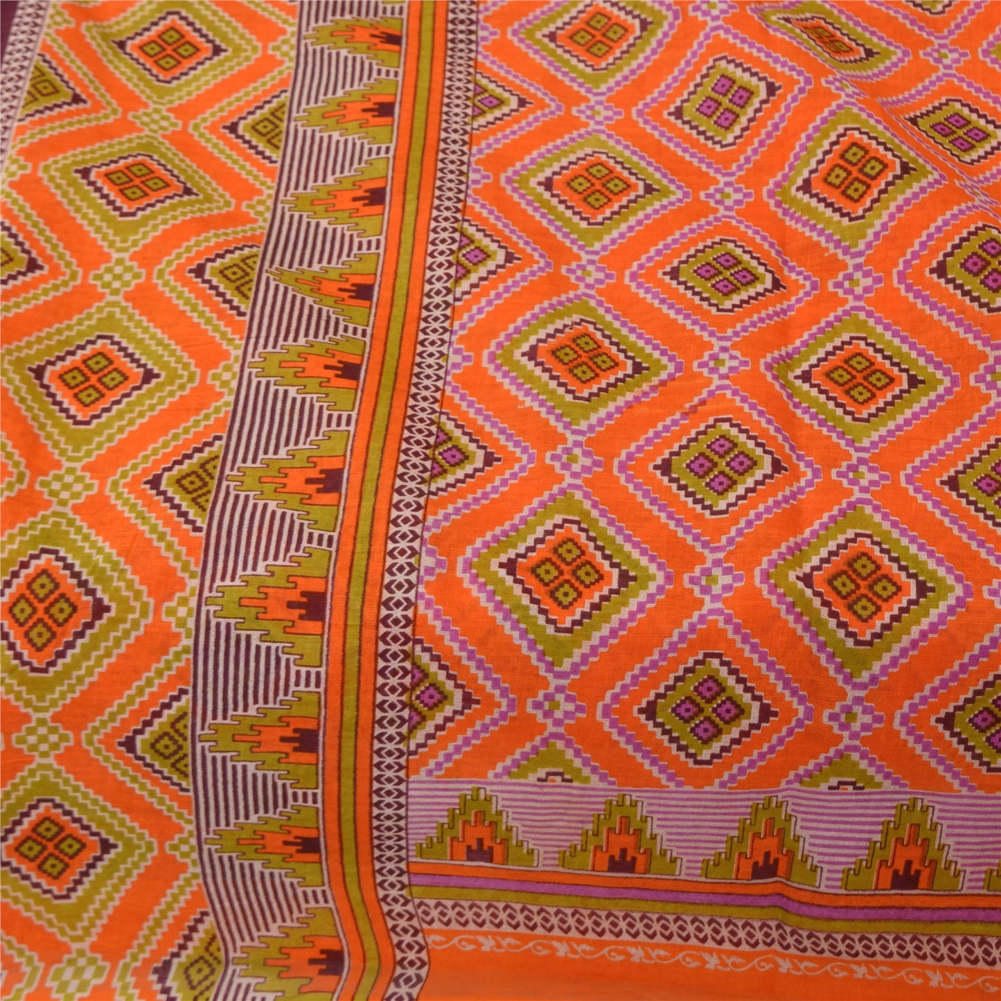 Sanskriti Vintage Sarees Orange 100% Pure Cotton Printed Sari 5+yd Craft Sustainable Fabric