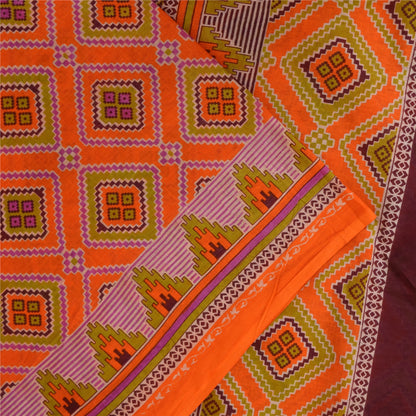 Sanskriti Vintage Sarees Orange 100% Pure Cotton Printed Sari 5+yd Craft Sustainable Fabric