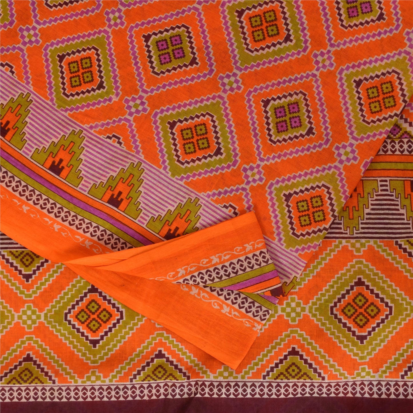 Sanskriti Vintage Sarees Orange 100% Pure Cotton Printed Sari 5+yd Craft Sustainable Fabric