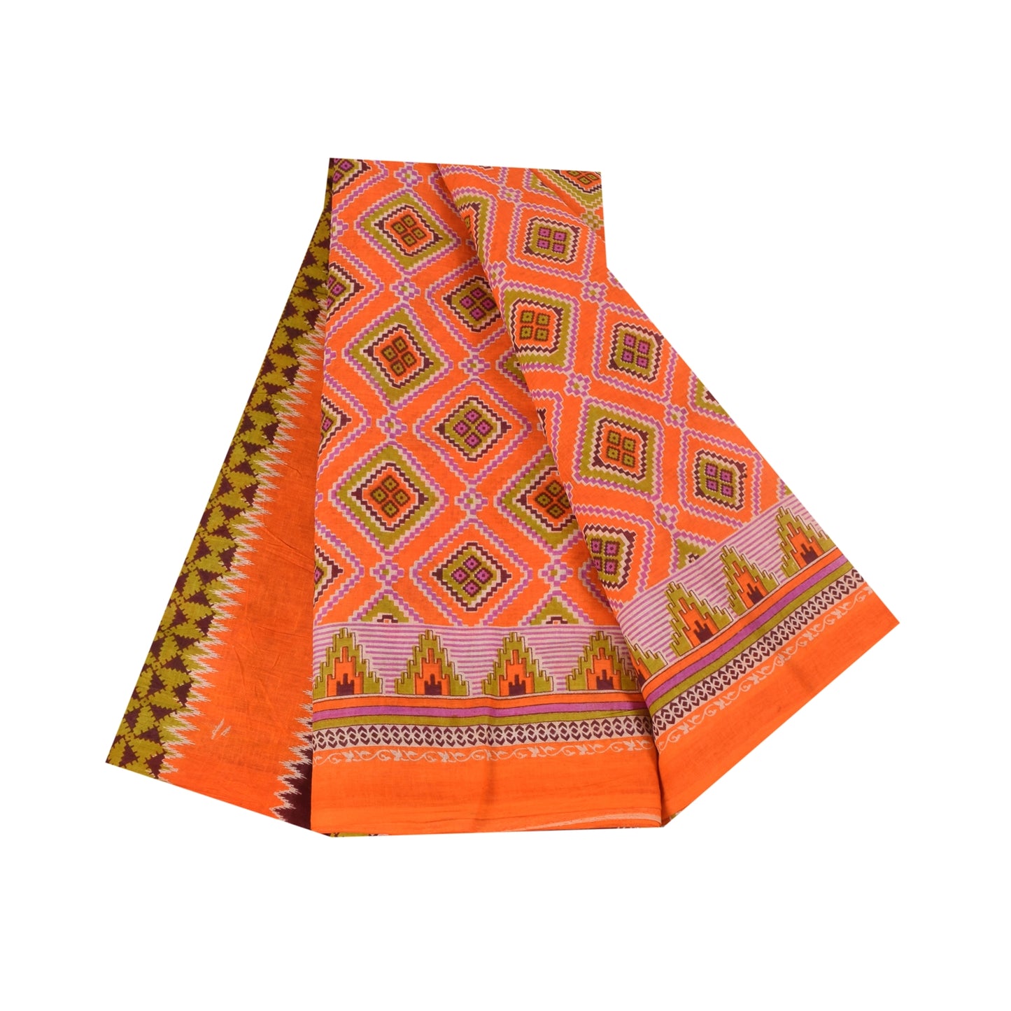 Sanskriti Vintage Sarees Orange 100% Pure Cotton Printed Sari 5+yd Craft Sustainable Fabric
