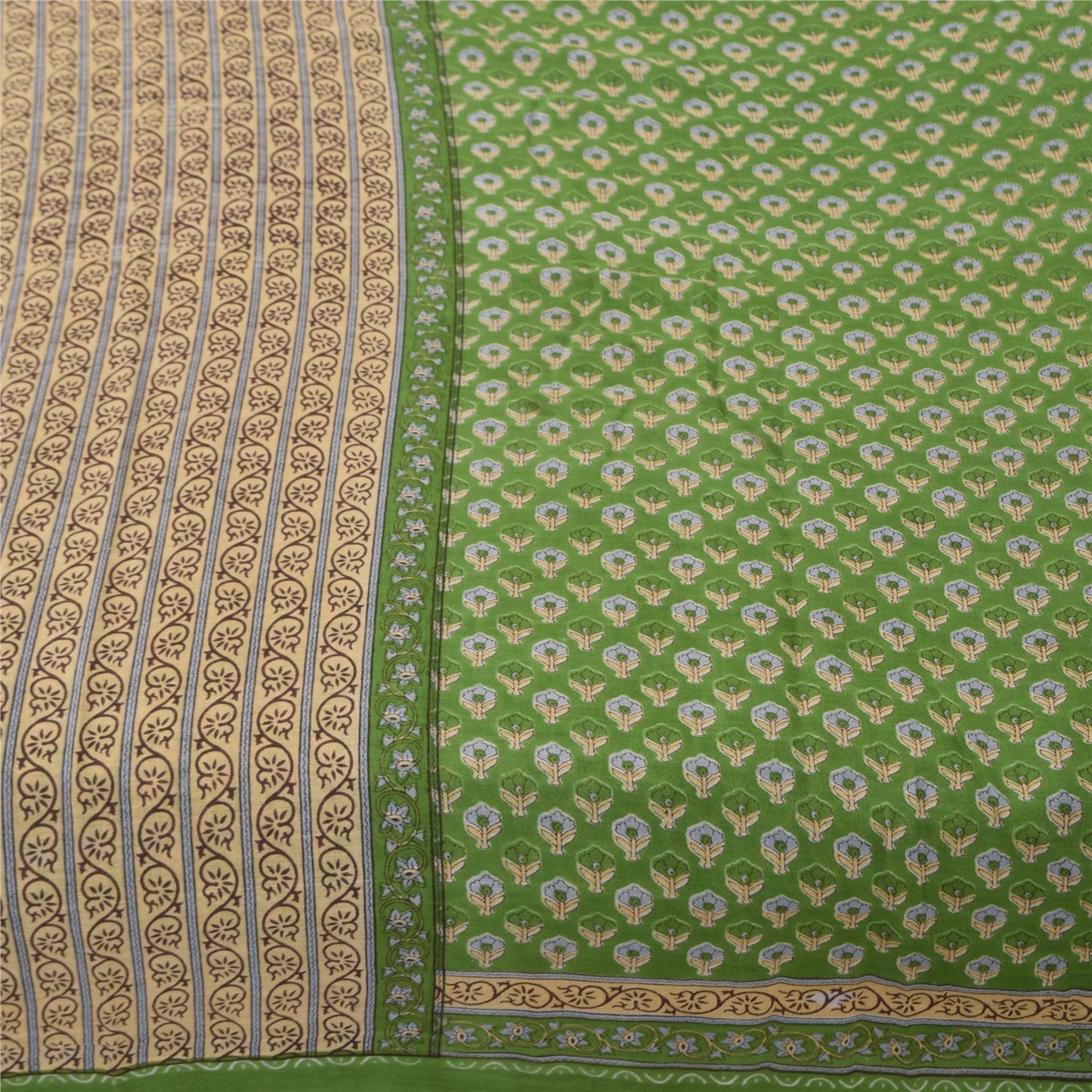 Sanskriti Vintage Sarees Indian Green Pure Cotton Printed Sari 5+yd Craft Sustainable Fabric