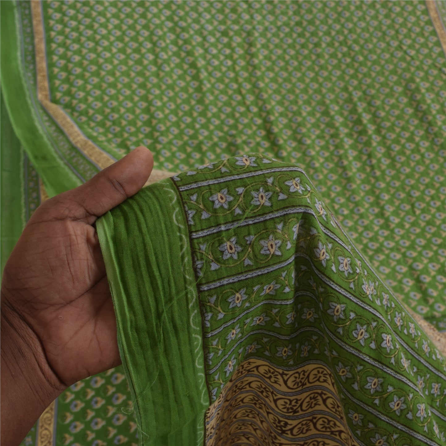 Sanskriti Vintage Sarees Indian Green Pure Cotton Printed Sari 5+yd Craft Sustainable Fabric