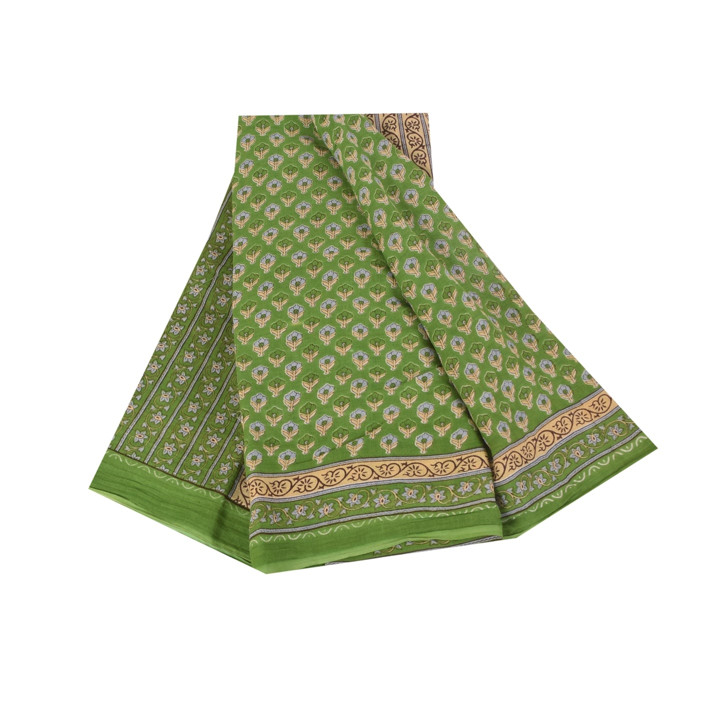 Sanskriti Vintage Sarees Indian Green Pure Cotton Printed Sari 5+yd Craft Sustainable Fabric