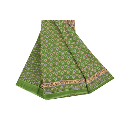 Sanskriti Vintage Sarees Indian Green Pure Cotton Printed Sari 5+yd Craft Sustainable Fabric