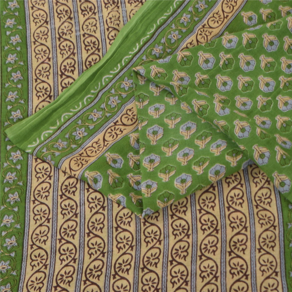 Sanskriti Vintage Sarees Indian Green Pure Cotton Printed Sari 5+yd Craft Sustainable Fabric