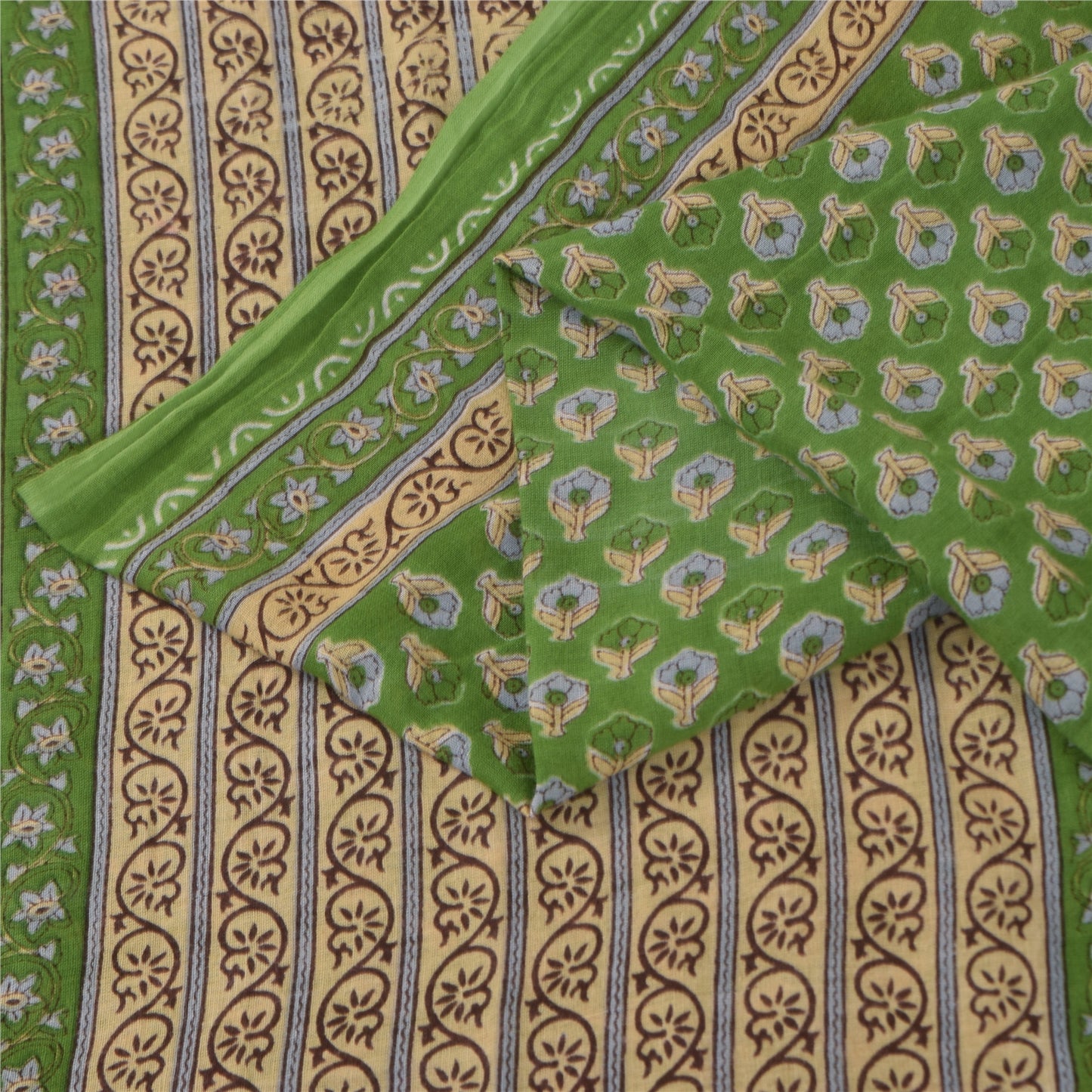 Sanskriti Vintage Sarees Indian Green Pure Cotton Printed Sari 5+yd Craft Sustainable Fabric
