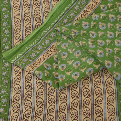 Sanskriti Vintage Sarees Indian Green Pure Cotton Printed Sari 5+yd Craft Sustainable Fabric