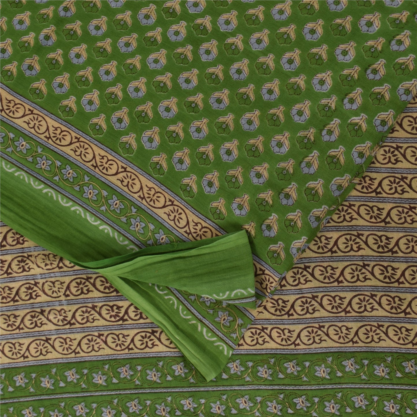 Sanskriti Vintage Sarees Indian Green Pure Cotton Printed Sari 5+yd Craft Sustainable Fabric