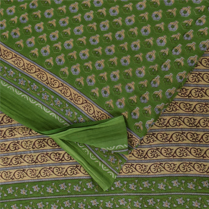Sanskriti Vintage Sarees Indian Green Pure Cotton Printed Sari 5+yd Craft Sustainable Fabric