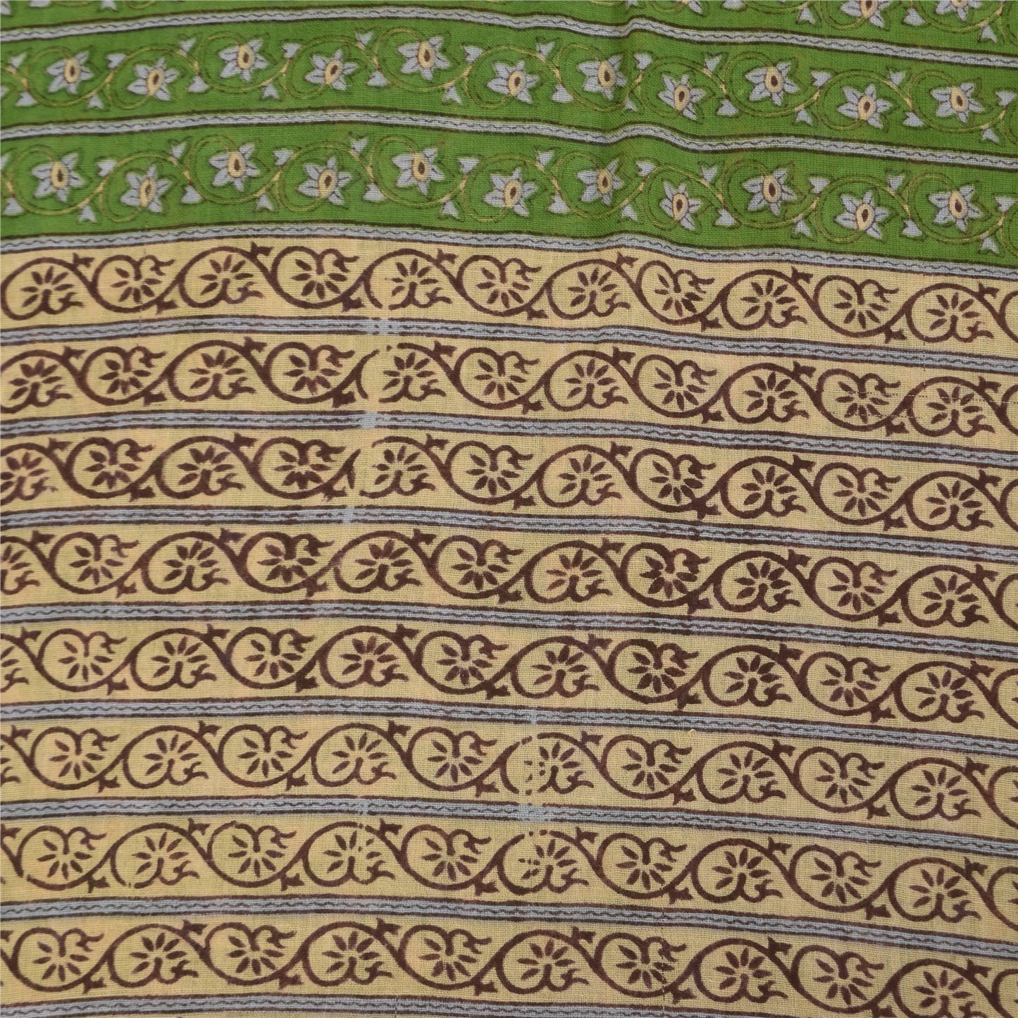 Sanskriti Vintage Sarees Indian Green Pure Cotton Printed Sari 5+yd Craft Sustainable Fabric